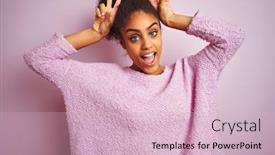  Presentation with bunny - Beautiful PPT theme featuring young african american woman wearing winter sweater standing over isolated pink background posing funny and crazy with fingers on head as bunny ears smiling cheerful backdrop and a lemonade colored foreground