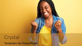  Presentation with denim - Audience pleasing presentation theme consisting of young african american woman wearing denim shirt standing over isolated yellow background very happy and excited doing winner gesture with arms raised smiling and screaming for success backdrop and a gold colored foreground