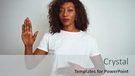  Presentation with hand palm - Audience pleasing presentation design consisting of justice - young african american woman wearing backdrop and a light gray colored foreground