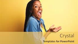  Presentation with woman hands open - PPT theme having young african american woman wearing denim shirt standing over isolated yellow background pointing aside with hands open palms showing copy space presenting advertisement smiling excited happy background and a yellow colored foreground
