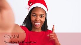  Presentation with african american woman question - Amazing presentation theme having young african american woman wearing christmas hat and taking a selfie over isolated background surprised with an idea or question pointing finger with happy face number one backdrop and a crimson colored foreground