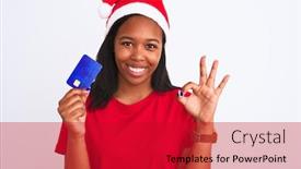  Presentation with christmas card - Cool new presentation design with young african american woman wearing christmas hat and holding credit card doing ok sign with fingers excellent symbol backdrop and a crimson colored foreground