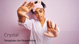  Presentation with frame pink - Colorful slide deck enhanced with young african american woman wearing pajama and mask over isolated pink background doing frame using hands palms and fingers camera perspective backdrop and a coral colored foreground