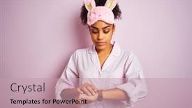  Presentation with pajama - Audience pleasing PPT layouts consisting of young african american woman wearing pajama and mask over isolated pink background checking the time on wrist watch relaxed and confident backdrop and a coral colored foreground