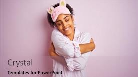  Presentation with self love - Amazing slide deck having young african american woman wearing pajama and mask over isolated pink background hugging oneself happy and positive smiling confident self love and self care backdrop and a coral colored foreground