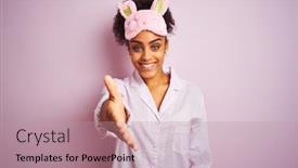  Presentation with business pink - Slide deck with young african american woman wearing pajama and mask over isolated pink background smiling friendly offering handshake as greeting and welcoming successful business background and a coral colored foreground
