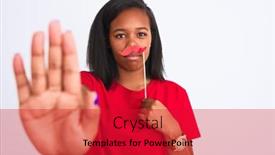  Presentation with pretend - Audience pleasing PPT layouts consisting of young african american woman wearing vintage pretend mustache over isolated background with open hand doing stop sign with serious and confident expression defense gesture backdrop and a red colored foreground