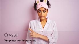  Presentation with forefinger - Slide set having young african american woman wearing pajama and mask over isolated pink background pointing aside worried and nervous with forefinger concerned and surprised expression background and a coral colored foreground