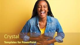  Presentation with woman body - Presentation with young african american woman wearing denim shirt standing over isolated yellow background smiling and laughing hard out loud because funny crazy joke with hands on body background and a tawny brown colored foreground