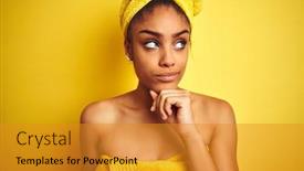  Presentation with african american woman question - Colorful PPT theme enhanced with young african american woman wearing towel after shower over isolated yellow background serious face thinking about question very confused idea backdrop and a gold colored foreground