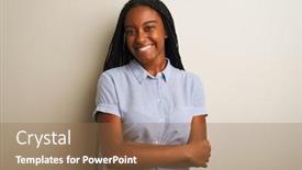  Presentation with camera - Presentation design having young-african-american-woman-wearing background and a coral colored foreground