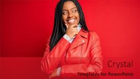 Presentation with african american woman question - Beautiful presentation theme featuring young-african-american-woman-wearing backdrop and a crimson colored foreground