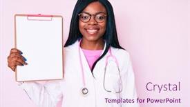  Presentation with clipboard stethoscope - Presentation theme featuring young-african-american-woman-wearing background and a pink colored foreground