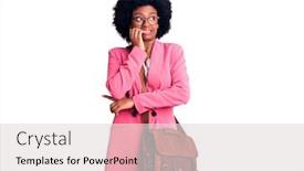  Presentation with leather bag - Cool new PPT layouts with young-african-american-woman-wearing backdrop and a light gray colored foreground