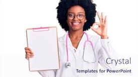  Presentation with clipboard stethoscope - Colorful slide deck enhanced with young-african-american-woman-wearing backdrop and a sky blue colored foreground