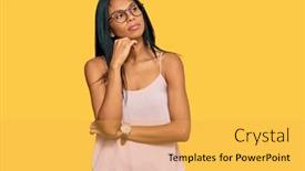  Presentation with african american woman question - PPT layouts featuring young-african-american-woman-wearing background and a yellow colored foreground