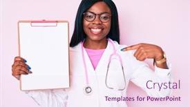  Presentation with clipboard stethoscope - Slide deck having young-african-american-woman-wearing background and a pink colored foreground