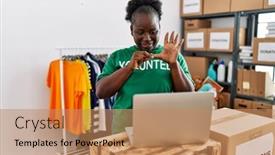  Presentation with african charity - PPT theme featuring young-african-american-woman-wearing background and a coral colored foreground