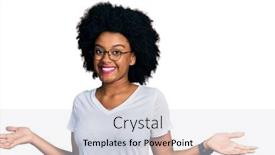  Presentation with woman hands open - Presentation theme featuring young-african-american-woman-wearing background and a light gray colored foreground