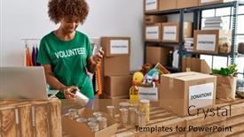  Presentation with canned food - PPT theme enhanced with young-african-american-woman-wearing background and a coral colored foreground