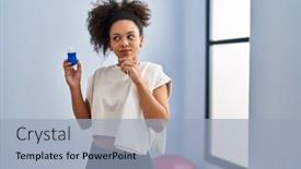  Presentation with african american woman question - PPT theme having young-african-american-woman-wearing background and a light blue colored foreground