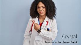  Presentation with forefinger - Slide deck with young-african-american-woman-wearing background and a light blue colored foreground