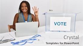  Presentation with political woman - Slides enhanced with young-african-american-woman-working background and a white colored foreground