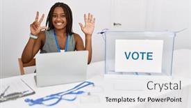  Presentation with political woman - Slide deck enhanced with young-african-american-woman-working background and a white colored foreground