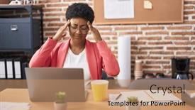 Presentation with migraine - PPT theme having young-african-american-woman-working background and a coral colored foreground
