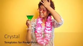  Presentation with hawaiian flower - Presentation design featuring young african american woman with afro hair wearing flower hawaiian lei and drinking a cocktail stressed with hand on head shocked with shame and surprise face angry and frustrated background and a gold colored foreground