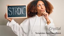  Presentation with african american woman question - Colorful slide set enhanced with young-african-american-woman backdrop and a light gray colored foreground