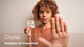  Presentation with woman sad - Slide deck having young-african-american-woman background and a coral colored foreground