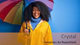  Presentation with under umbrella - Slide deck having young-african-american-woman background and a gold colored foreground