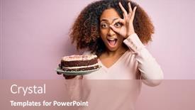  Presentation with happy birthday cake - Cool new slide deck with young-african-american-woman backdrop and a coral colored foreground