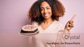  Presentation with happy birthday cake - Presentation design enhanced with young-african-american-woman background and a coral colored foreground