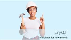  Presentation with african american woman question - PPT theme enhanced with young-african-american-woman background and a sky blue colored foreground