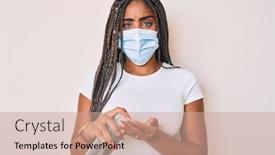  Presentation with hand sanitizer - PPT theme with young-african-american-woman background and a coral colored foreground