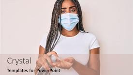  Presentation with hand sanitizer - Presentation design enhanced with young-african-american-woman background and a soft green colored foreground