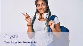  Presentation with backpack - Audience pleasing presentation theme consisting of young-african-american-woman backdrop and a sky blue colored foreground