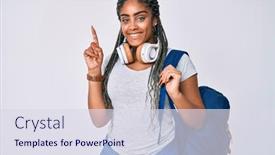  Presentation with african american woman question - Cool new presentation design with young-african-american-woman backdrop and a sky blue colored foreground