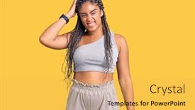  Presentation with african american woman question - Beautiful PPT layouts featuring young-african-american-woman backdrop and a yellow colored foreground