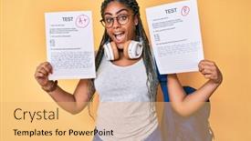  Presentation with exam - PPT theme enhanced with young-african-american-woman background and a yellow colored foreground