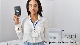  Presentation with political woman - Presentation theme having young-african-american-woman background and a light gray colored foreground