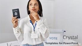  Presentation with african american woman question - PPT layouts having young-african-american-woman background and a light gray colored foreground