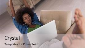  Presentation with luxury - PPT theme having young african american woman at home in the chair relaxing in her luxury lliving room reading laptop pc surf internet and work background and a light gray colored foreground
