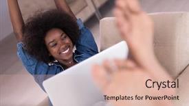  Presentation with luxury - Theme enhanced with young african american woman at home in the chair relaxing in her luxury lliving room reading laptop pc surf internet and work background and a lemonade colored foreground