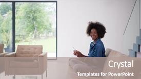  Presentation with home - Audience pleasing presentation theme consisting of young african american woman at home relaxing in her luxury lliving room reading a digital tablet pc surf internet and work backdrop and a gray colored foreground