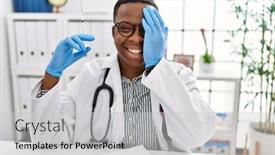  Presentation with eye doctor - Presentation theme having young-african-doctor-man-holding background and a light gray colored foreground