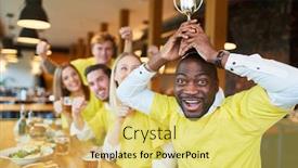  Presentation with winner cup - Cool new presentation design with young-african-enthusiastic-football-fan backdrop and a yellow colored foreground