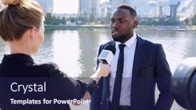  Presentation with journalist - Slide set consisting of young-african-entrepreneur-standing background and a navy blue colored foreground